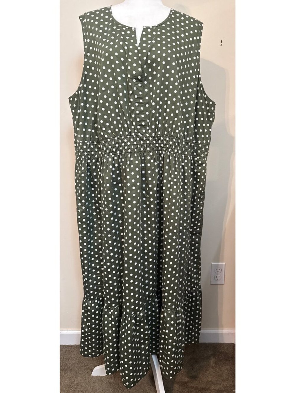 J. Jill Midi Maxi A-line Women's Green Polka Dot Smocked Waist Dress Sz 4X